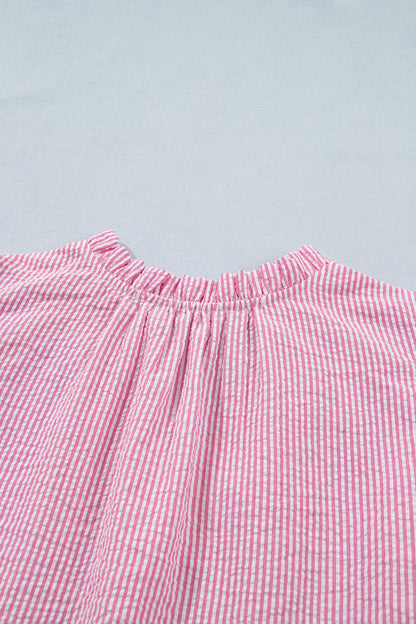 Rose Stripe Short Bubble Sleeve Split V Neck Blouse