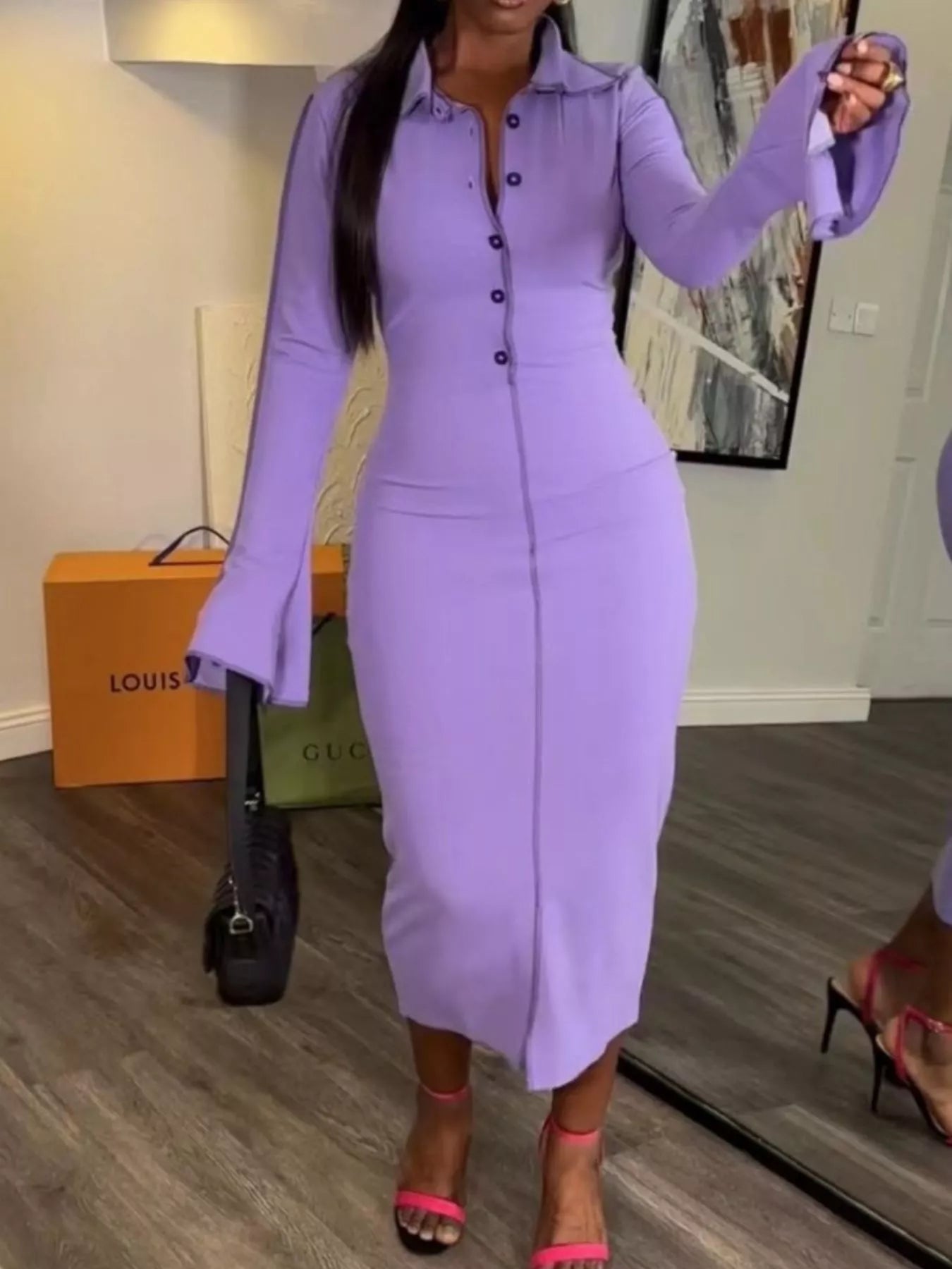 Button Front Long Sleeve Midi Dress