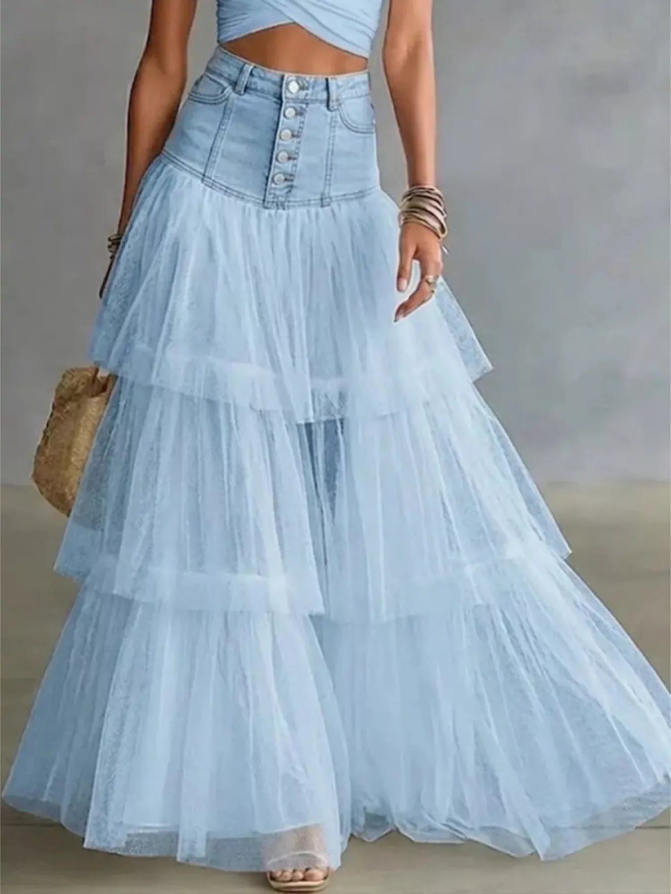 High-Waisted Button-Front Denim and Tulle Maxi Skirt