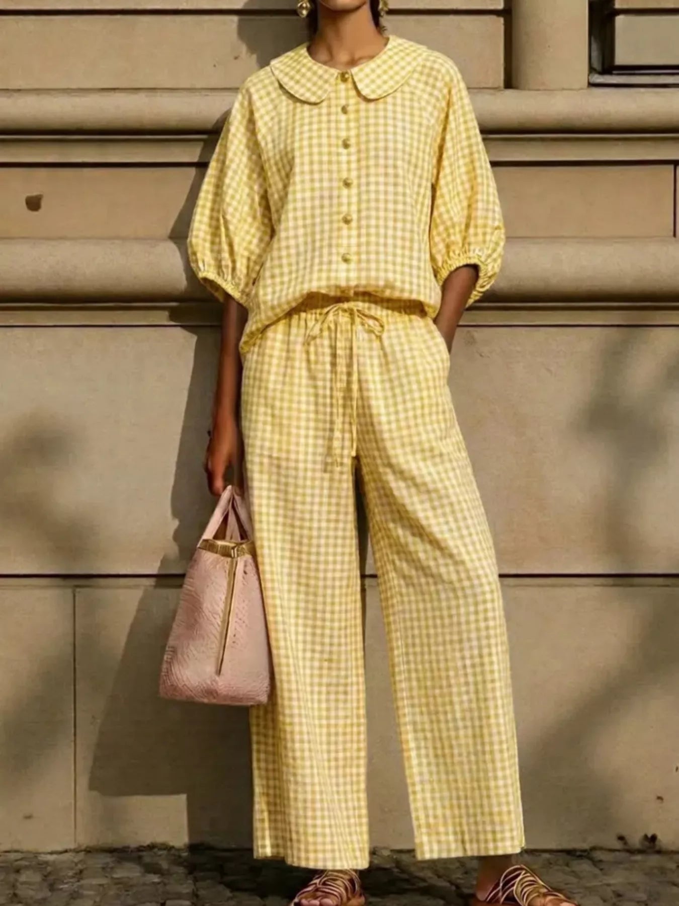 Full Size Plaid Button Up Shirt and Pants Set Plus Size
