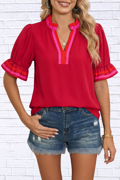 Ruffled Sleeve Notched Blouse with Striped Detail for Women