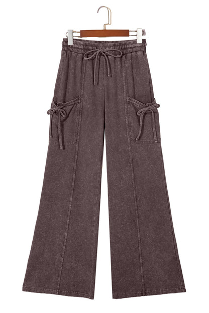 Dark Brown Cotton Mineral Wash Elastic Waist Drawstring Tie Detail Cargo Pants