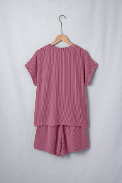 Pitaya Pink Twisted Ribbed Loose Tee Drawstring Elastic Waist 2pcs Short Set