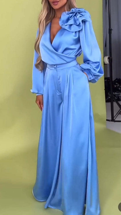 Costumes deux pièces élégants en satin à col en V pour femmes