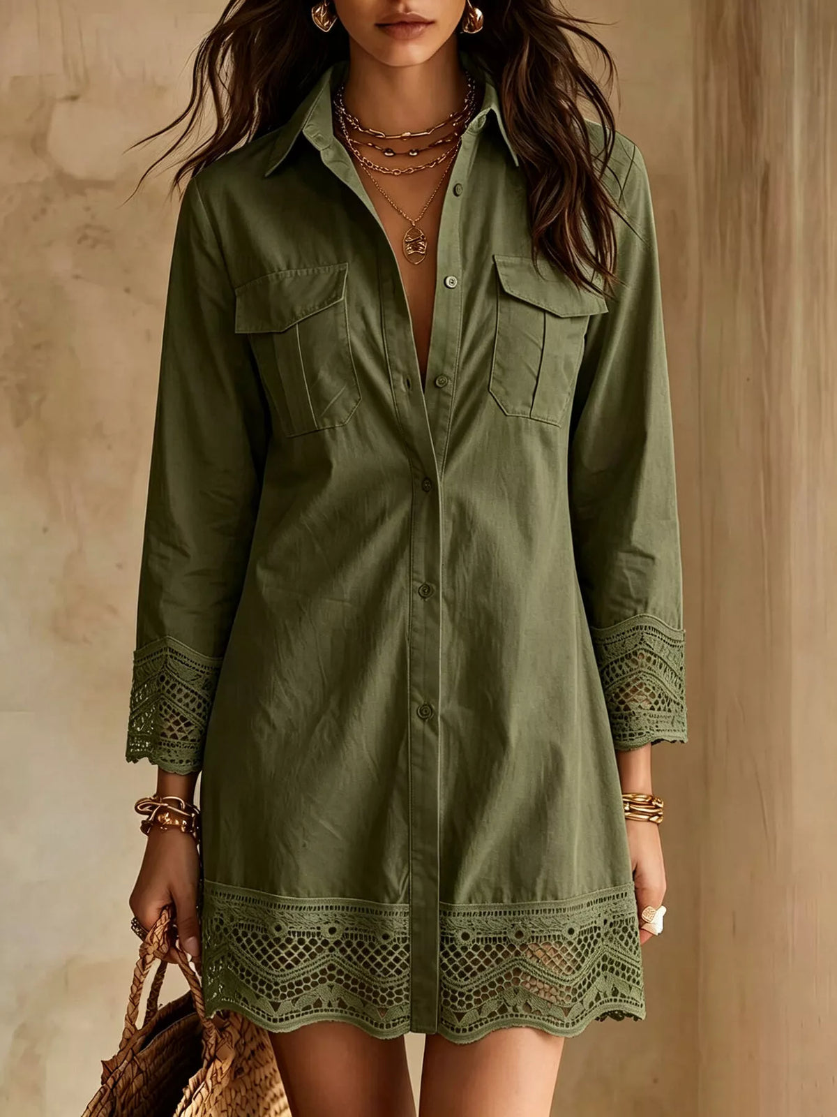 Button-Down Shirt Dress with Lace Trim