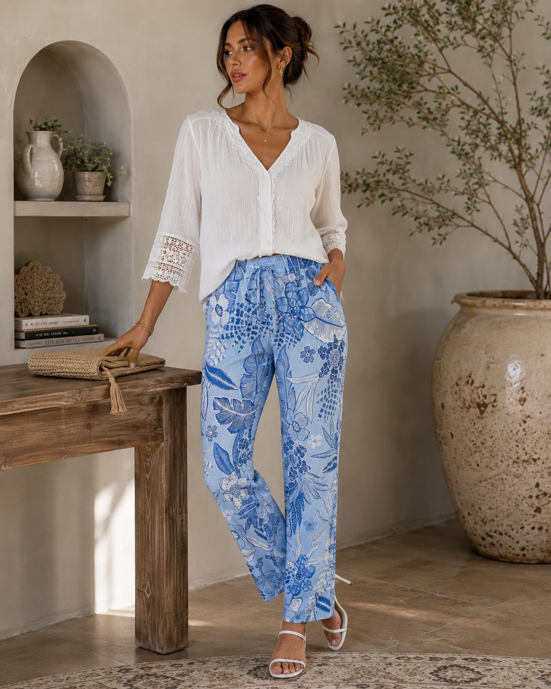 Blue Floral Wide Leg Pants for Women | Boutique Resort Style