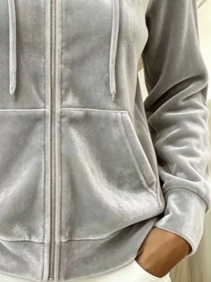 Full Size Velvet Zip-Up Hoodie with Drawstring Plus Size