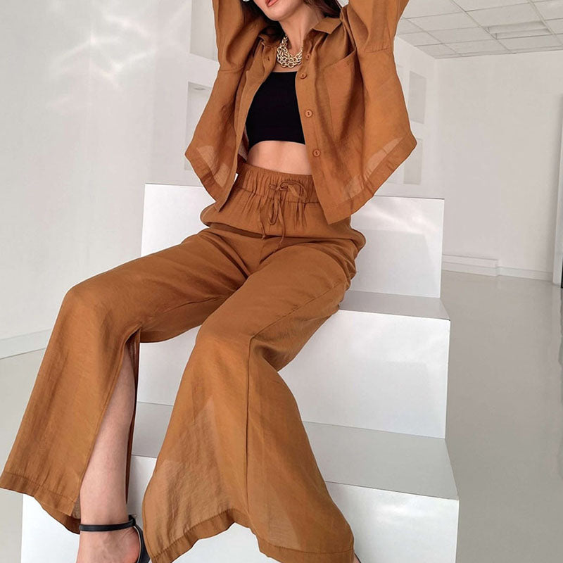 Lapel collar shirt slit wide legs casual two-piece set