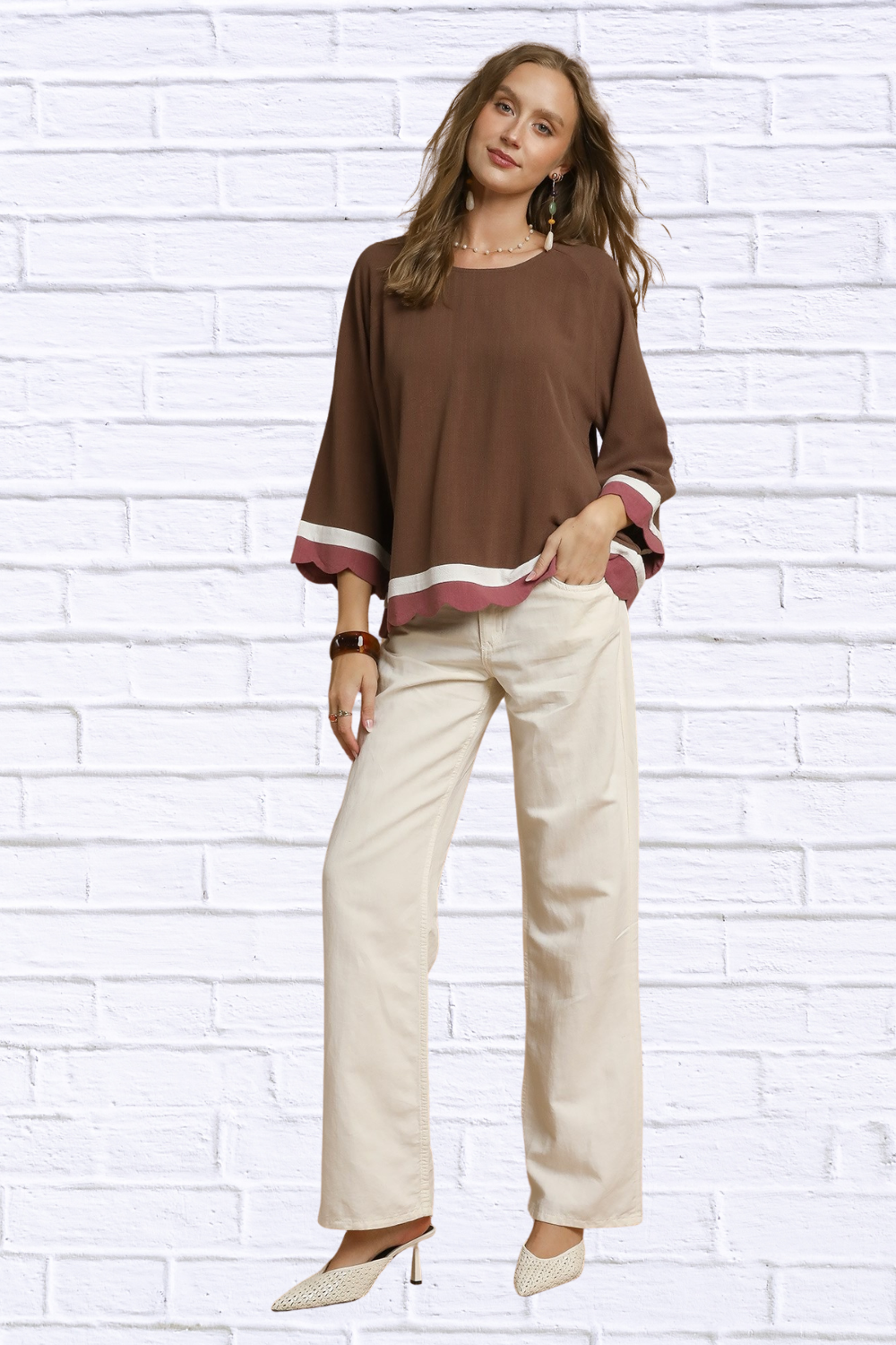 Umgee Scalloped Hem Color Block Top