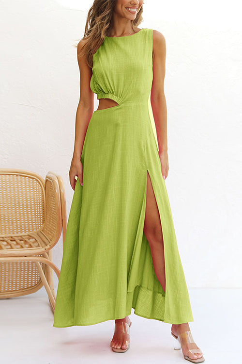 Sleeveless Cut Out Waist High Slit Maxi Swing Dress Green