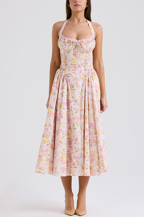 Rosiedress Halter Tie Front Waisted Floral Print Midi Dress