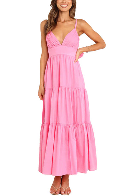 V Neck Tie Back Ruffle Tiered Maxi Cami Dress