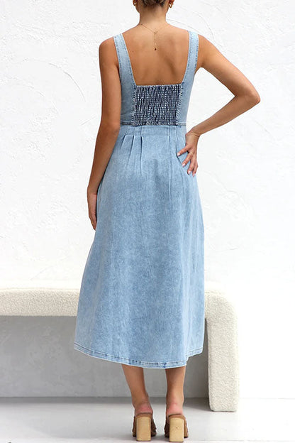 Rosiedress Distressed Button Down Pocketed Denim A-line Midi Cami Dress