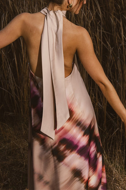 Halter High Neck Backless Tie Dye Swing Maxi Dress