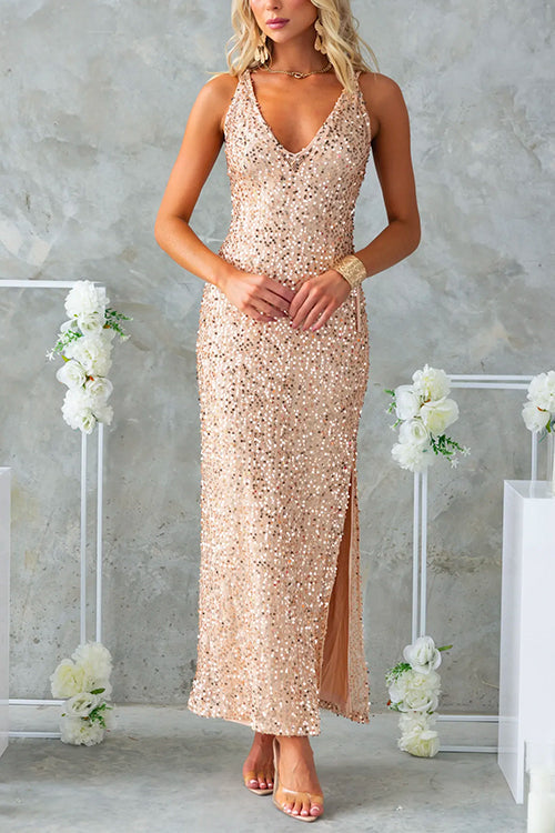 Party Glam Sleeveless Open Back Slit Sequin Maxi Dress Gold