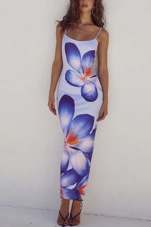 Spaghetti Strap Back Slit Lily Print Bodycon Maxi Dress LightBlue
