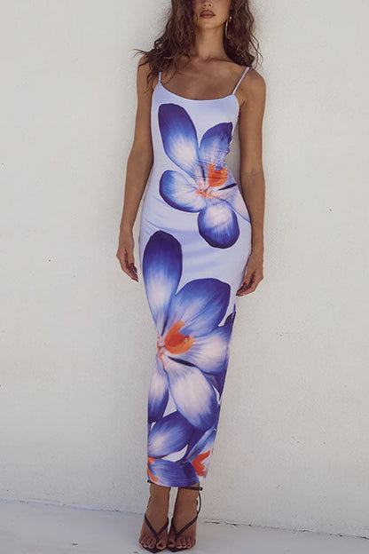 Rosiedress Spaghetti Strap Back Slit Lily Print Bodycon Maxi Dress LightBlue