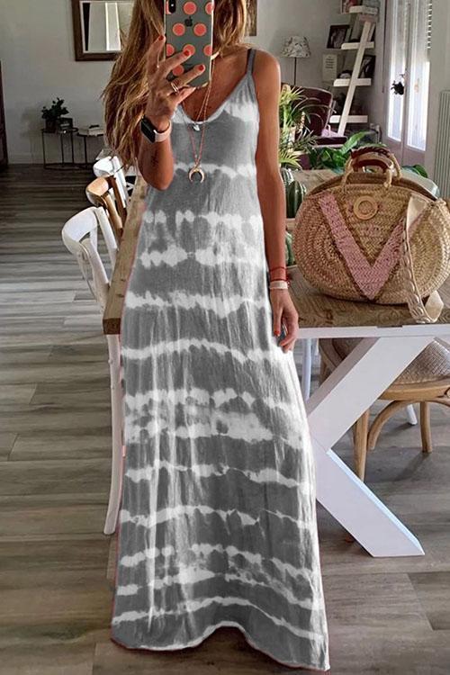 Rosiedress Sleeveless V Neck Tie Dye Maxi Cami Beach Dress Gray