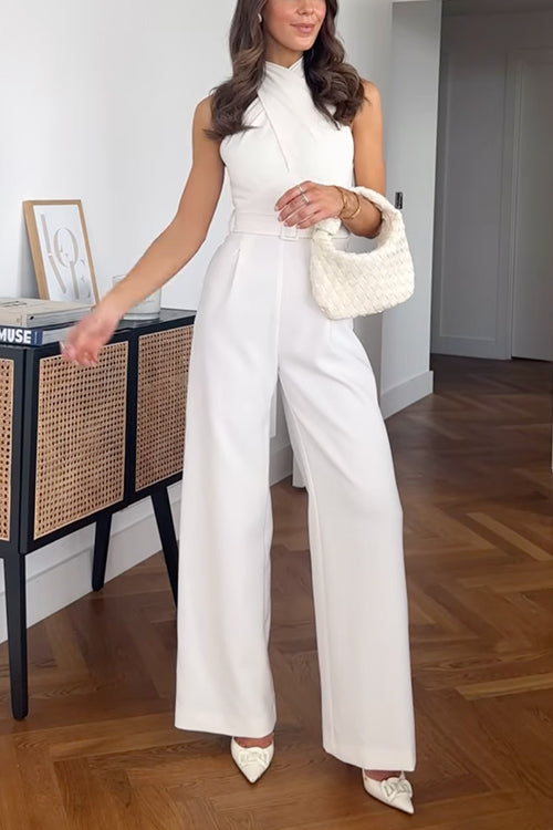 Criss Cross Front Sleeveless Belted Wide Leg Jumpsuit