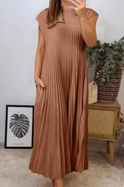 Cap Sleeves Pocketed Loose Pleated Maxi Dress Brown