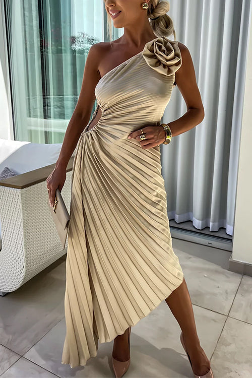 Rosiedress 3D Rose One Shoulder Cut Out Waist Asymmetric Hem Pleated Maxi Dress Apricot