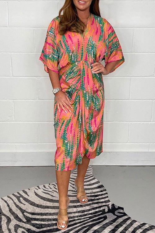 V Neck Half Sleeve Waisted Slit Printed Midi Dress Orange