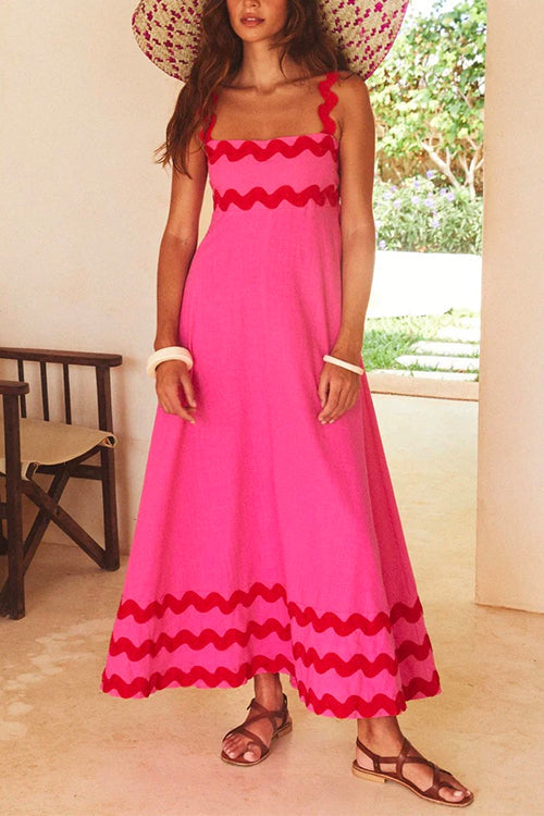 Empire Waist Ric Rac Maxi Vacation Dress Hot Pink
