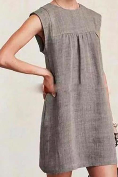 Rosiedress Ruched Short Sleeve Cotton Linen Babydoll Dress Gray