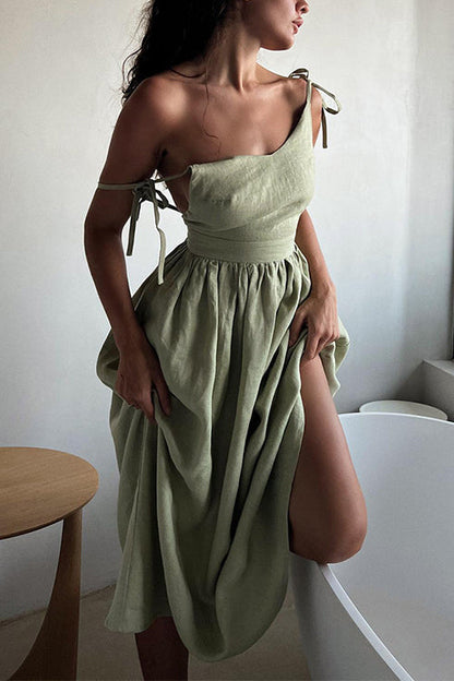 Rosiedress Tie Shoulder Backless Waisted Swing Maxi Cami Dress Green