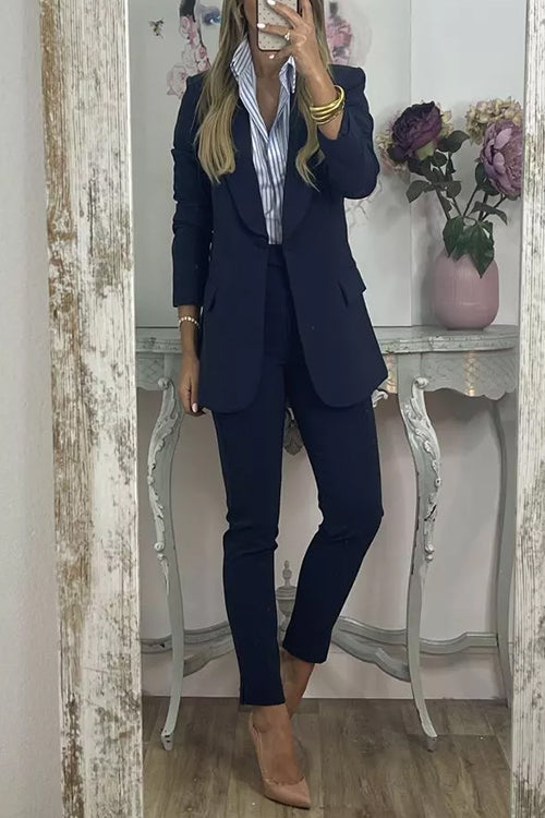 Business Work Collared Single Button Blazer Pocketed Pants Suit Set