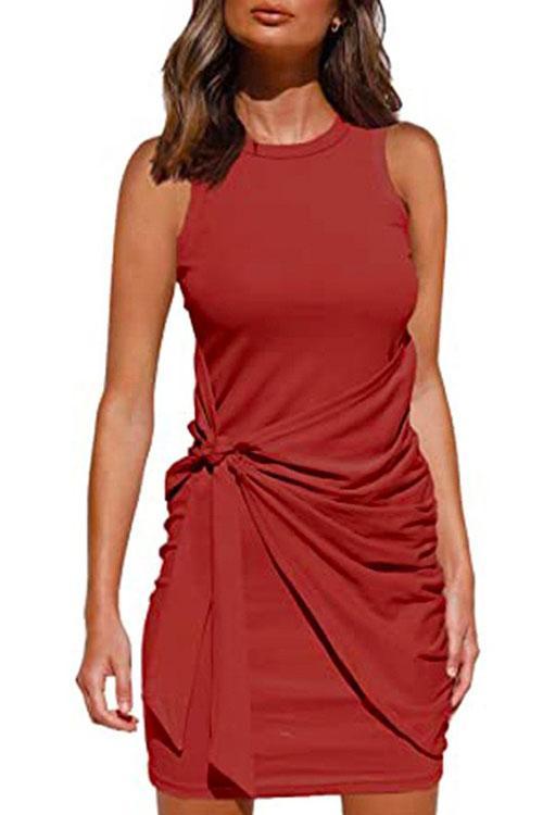 Rosiedress Crewneck Knot Front Ruched Sleeveless Dress BrickRed