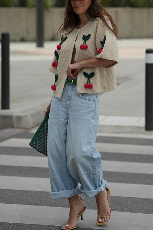 Rosiedress Short Sleeves Button Up Cherry Decorative Knit Sweater