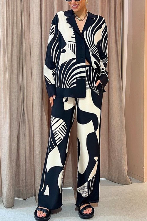 Rosiedress Graphic Printed Long Sleeve Blouse Shirt Wide Leg Pants 2 Pieces Set