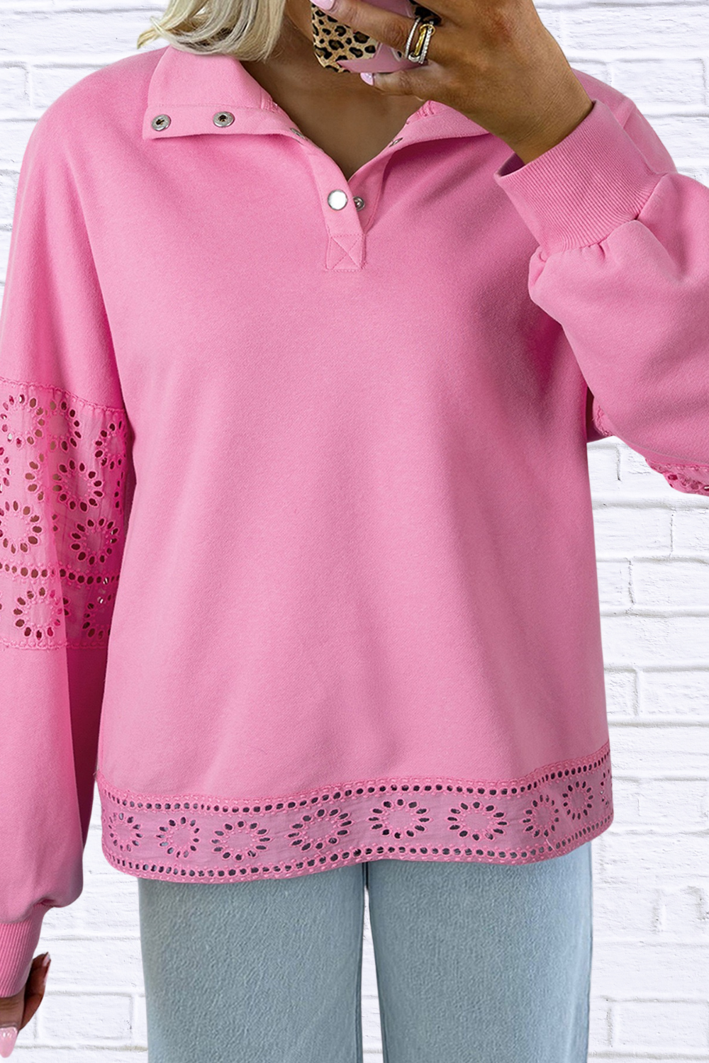 Eyelet Lace Detail Snap Down Sweatshirt