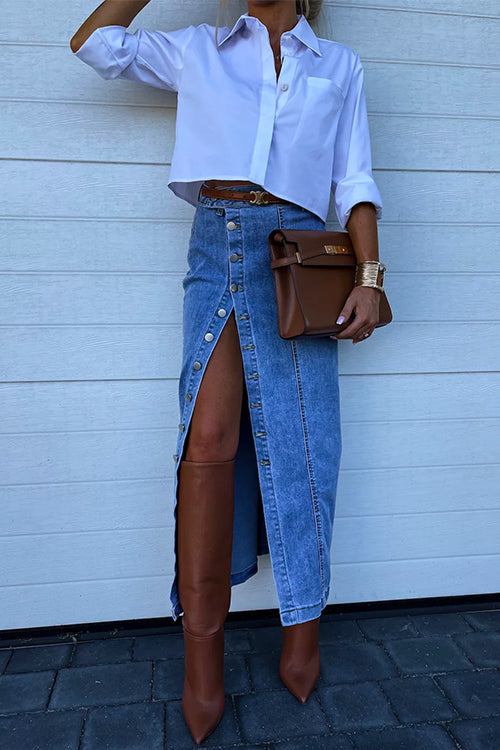 Rosiedress High Rise Button Down Slit Denim Skirt