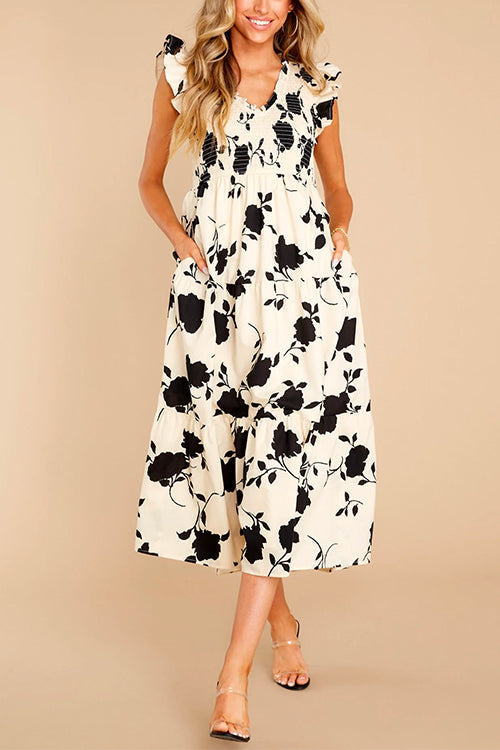 Off-white Ruffle Trim Pocketed Floral Print Midi Dress Floral