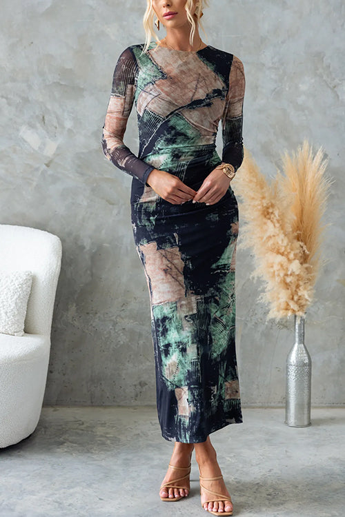 Chic Long Sleeves Abstract Print Bodycon Maxi Dress Print