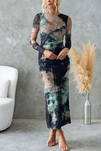 Chic Long Sleeves Abstract Print Bodycon Maxi Dress Print