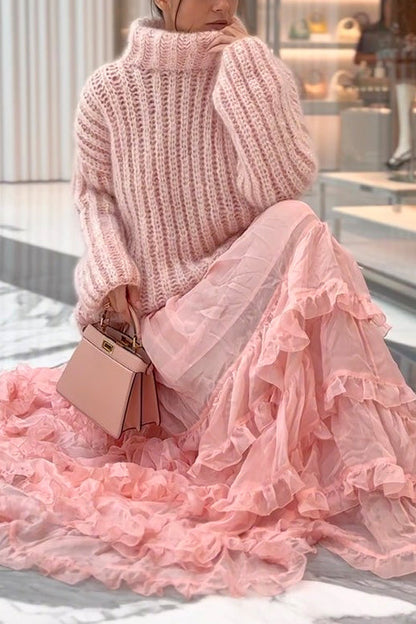 Rosiedress Turtleneck Drop Shoulder Fluffy Pullover Sweater Pink