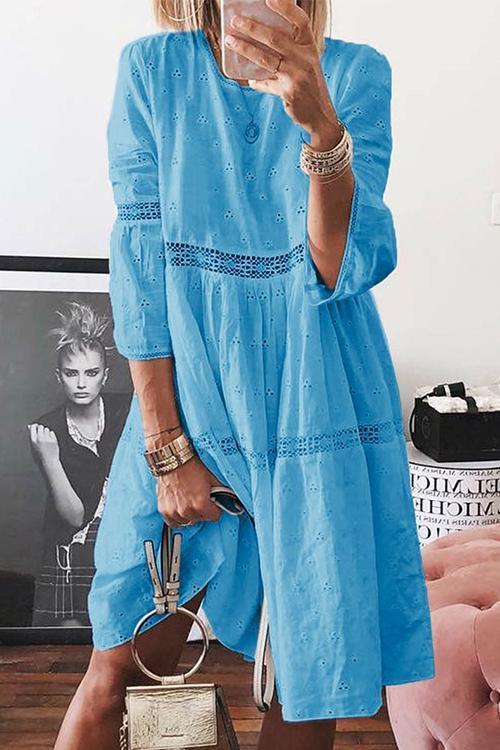 3/4 Sleeve Hollow Out Casual Babydoll Dress LightBlue
