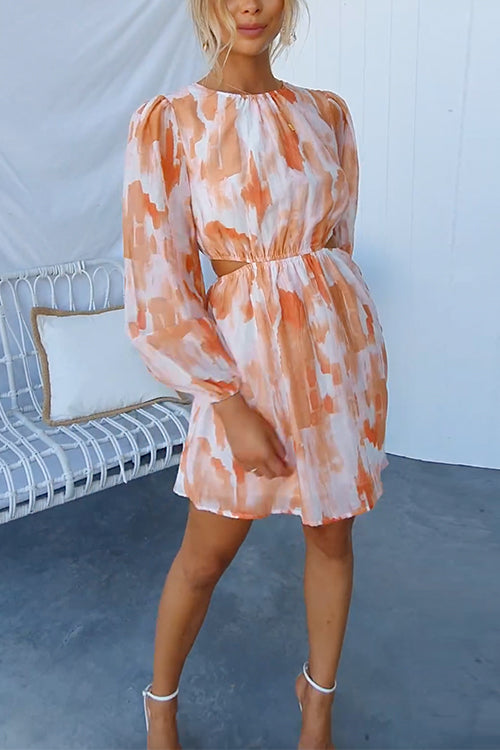 Long Sleeves Cut Out Waist Printed Mini Dress Orange