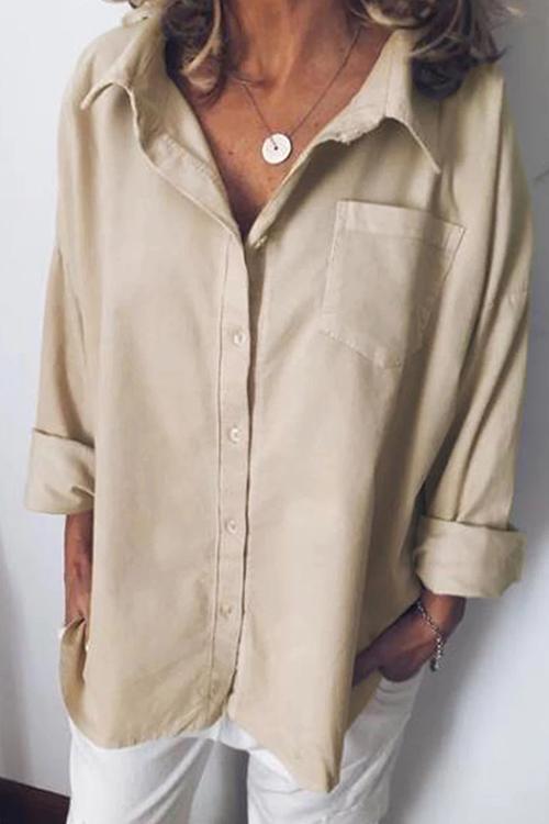 Casual Style Solid Long Sleeve Blouse Shirt Khaki