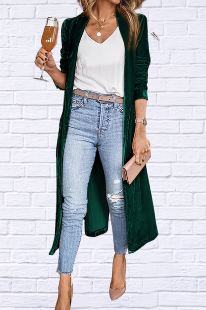 Velvet Woven Open Front Long Sleeve Coat