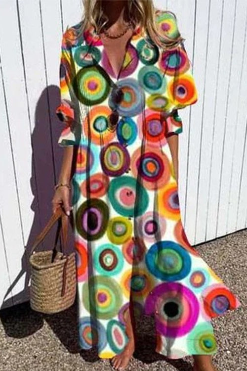 Ruched Button Down Balloon Sleeves Printed Maxi Dress Multi