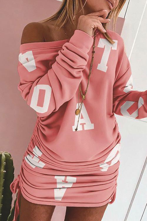 Casual Side Drawstring Ruched Printed Dress Pink