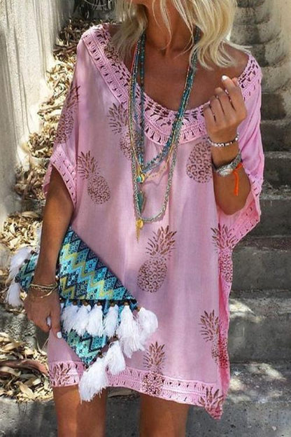 V Neck Hollow Out Pineapple Printed Batwing Beach Dress Pink