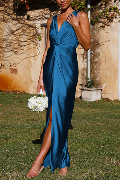 Rosiedress V Neck Twist Front Slit Maxi Satin Dress