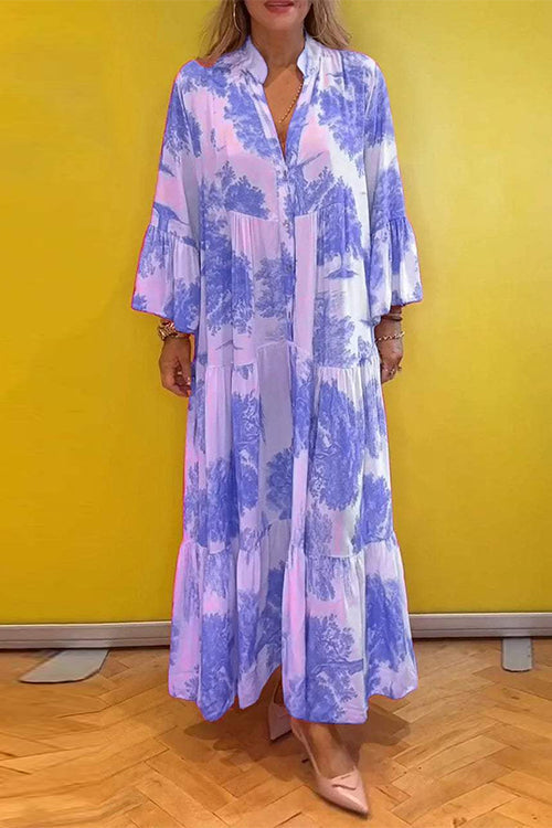 V Neck Bell Sleeves Ruffle Tiered Printed Maxi Dress LightBlue