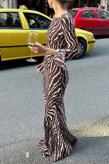 Rosiedress Boat Neck Bell Sleeves Animal Print Maxi Dress