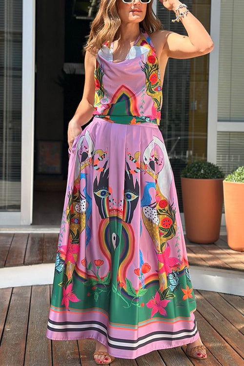 Rosiedress Unique Print Cowl Neck Tie Knot Backless Top and Pocketed Maxi Skirt Set